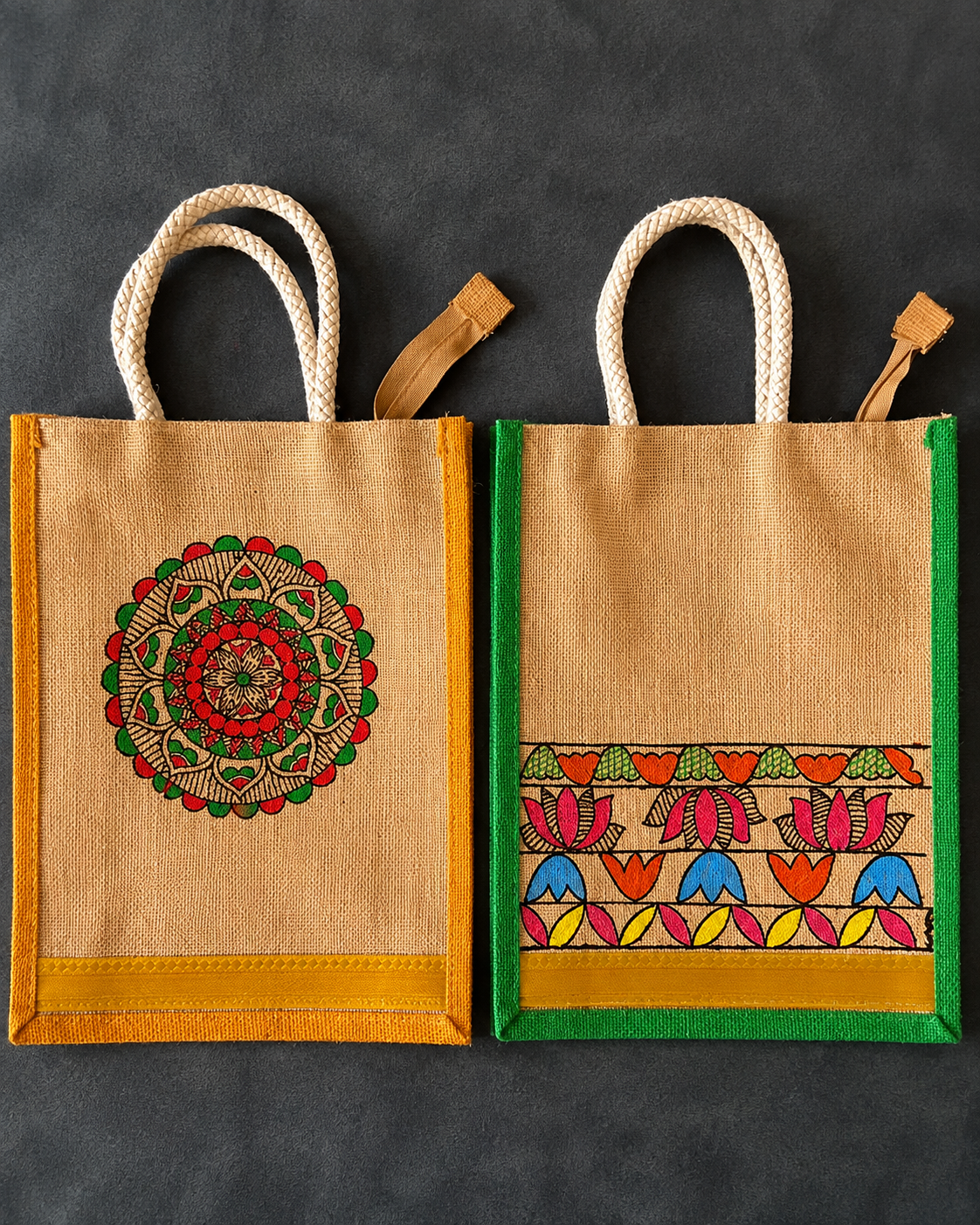 Hand Painted Madhubani Painting Jute Hanging Bag